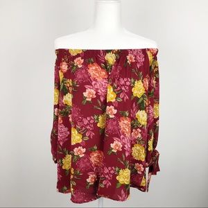 NWT Zenobia Off The Shoulder Floral Blouse 2XL Burgundy Pink Yellow Red, Green